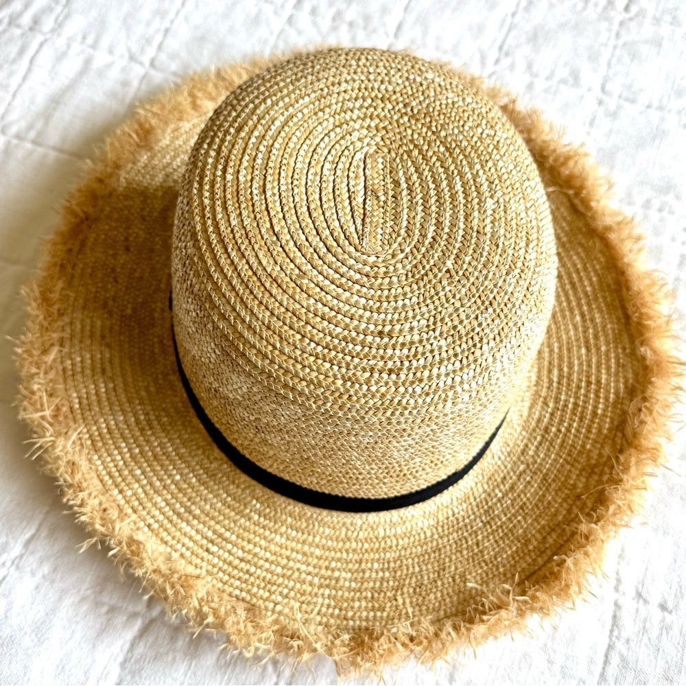 Hat Attack Shore Hat Natural Black Wheat Straw Frayed Brim Boater Sun Hat - Picture 6 of 8